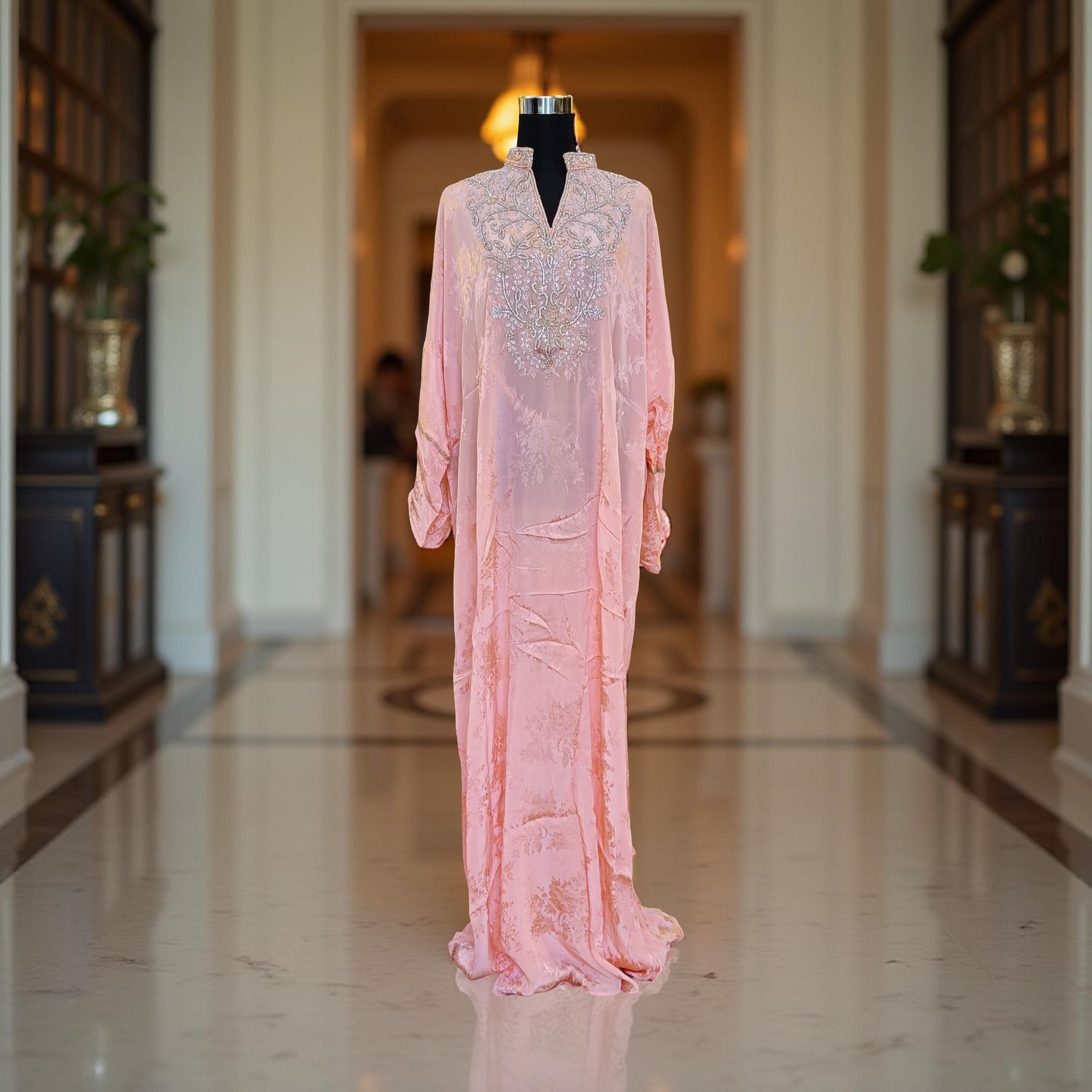 Free Size Silky Farasha Crystal work Kaftan 60" Long Jalabiya