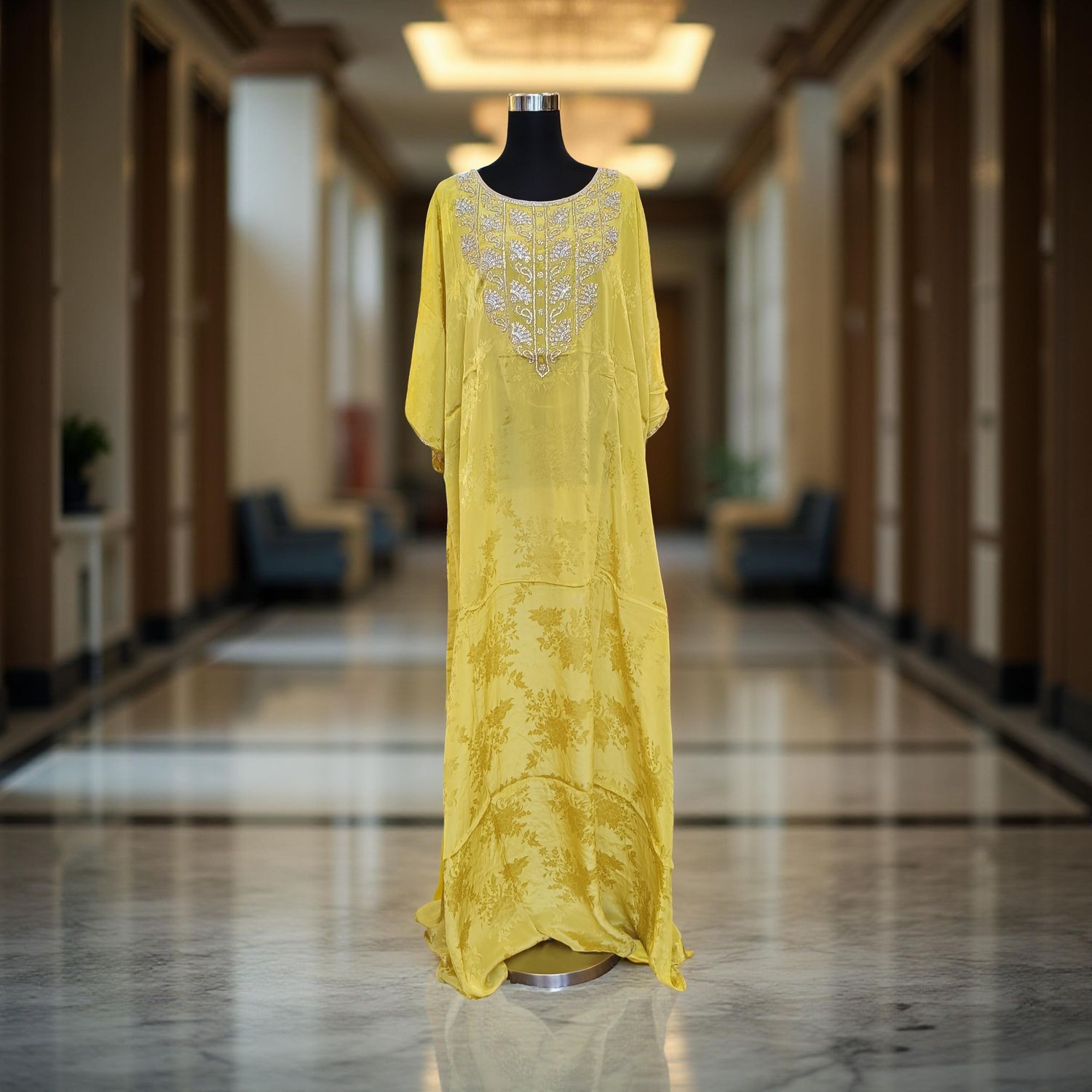 Free Size Silky Farasha Crystal work Kaftan 60" Long Jalabiya