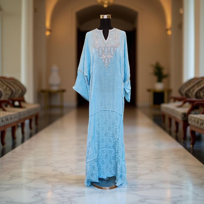 Free Size Silky Farasha Crystal work Kaftan 60" Long Jalabiya