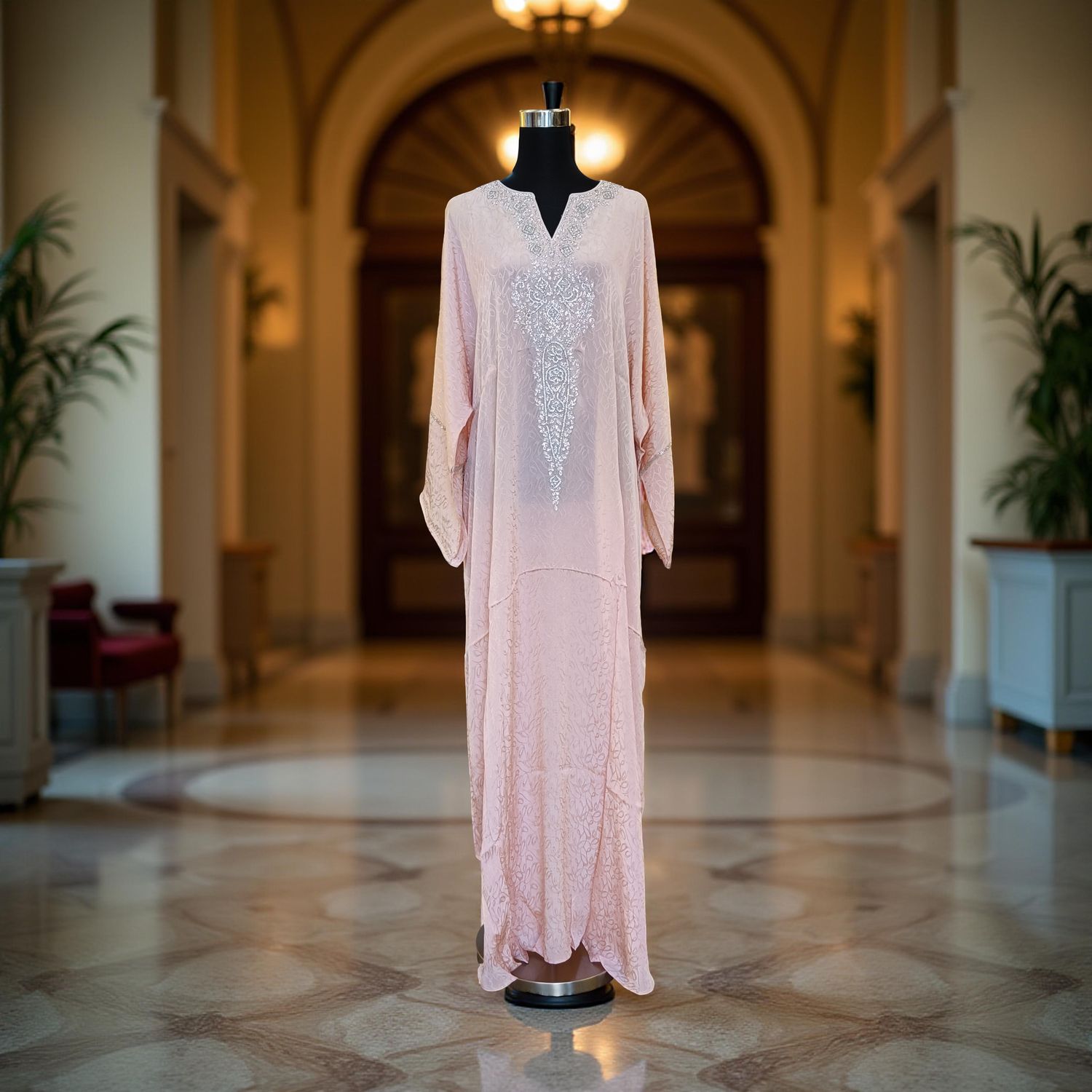 Free Size Silky Farasha Crystal work Kaftan 60" Long Jalabiya