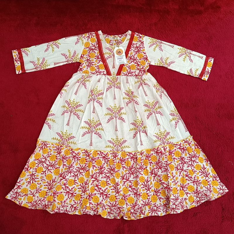 6-7 Year Zahida red Printed Cotton Girls Dress 38" Long Jalabiya