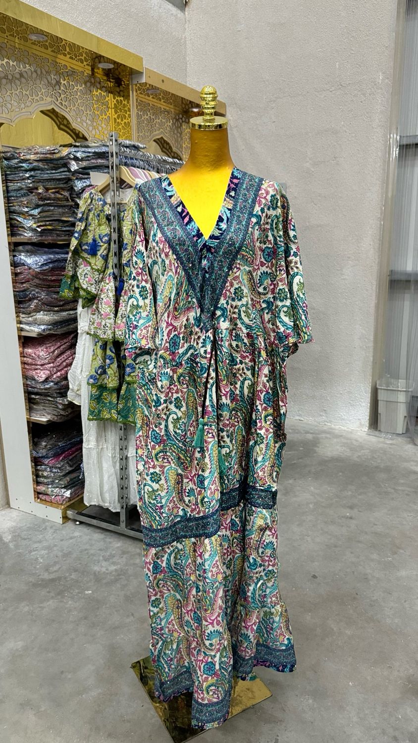 Farasha Kaftan 56" Long Jalabiya Silk Crystal