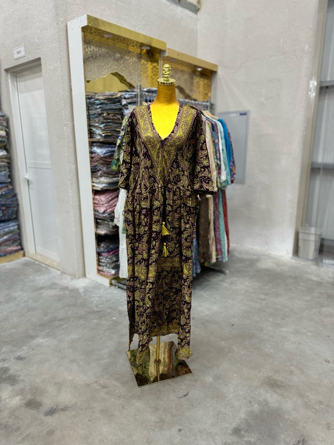 Farasha Kaftan 56" Long Jalabiya Silk Crystal