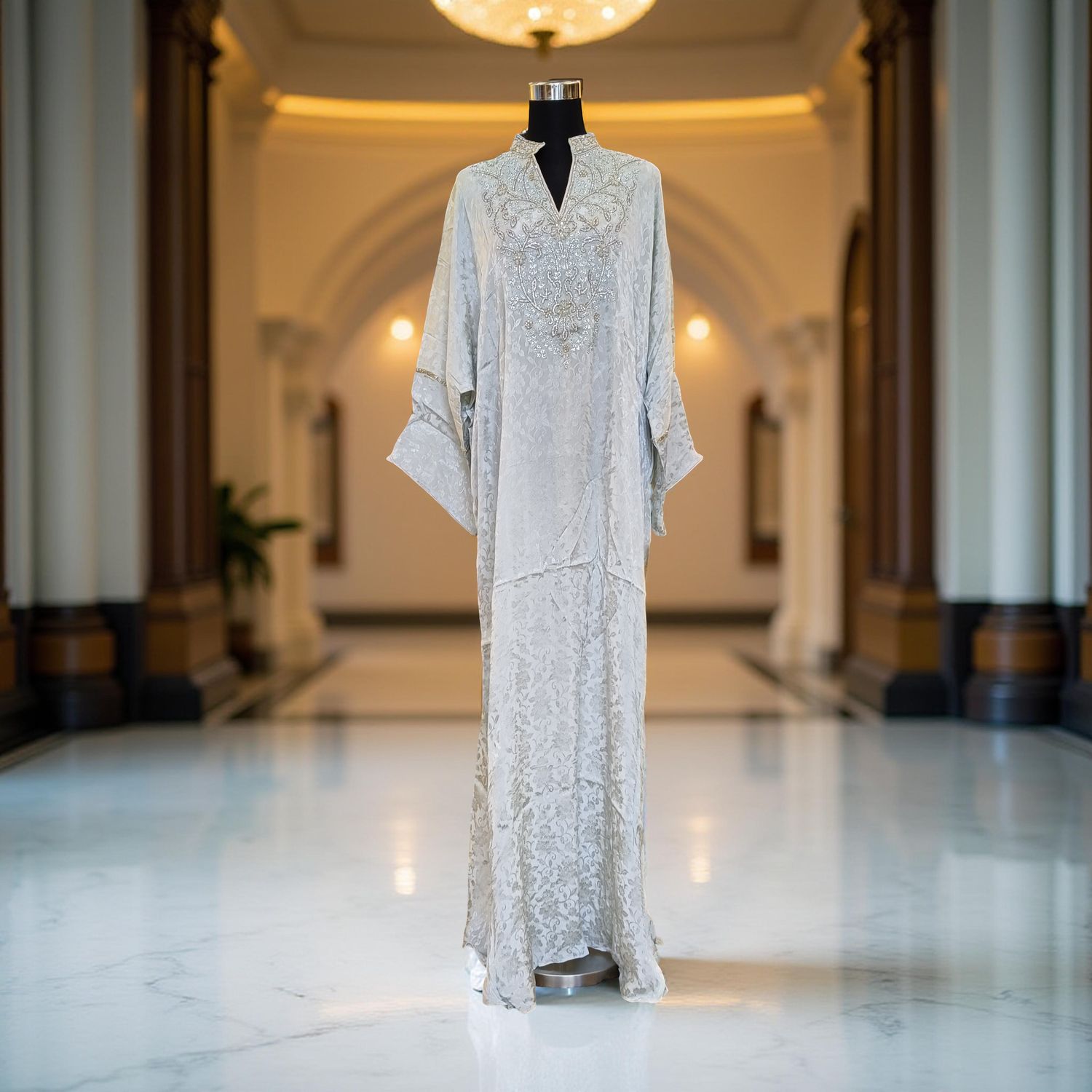 Free Size Silky Farasha Crystal work Kaftan 60" Long Jalabiya