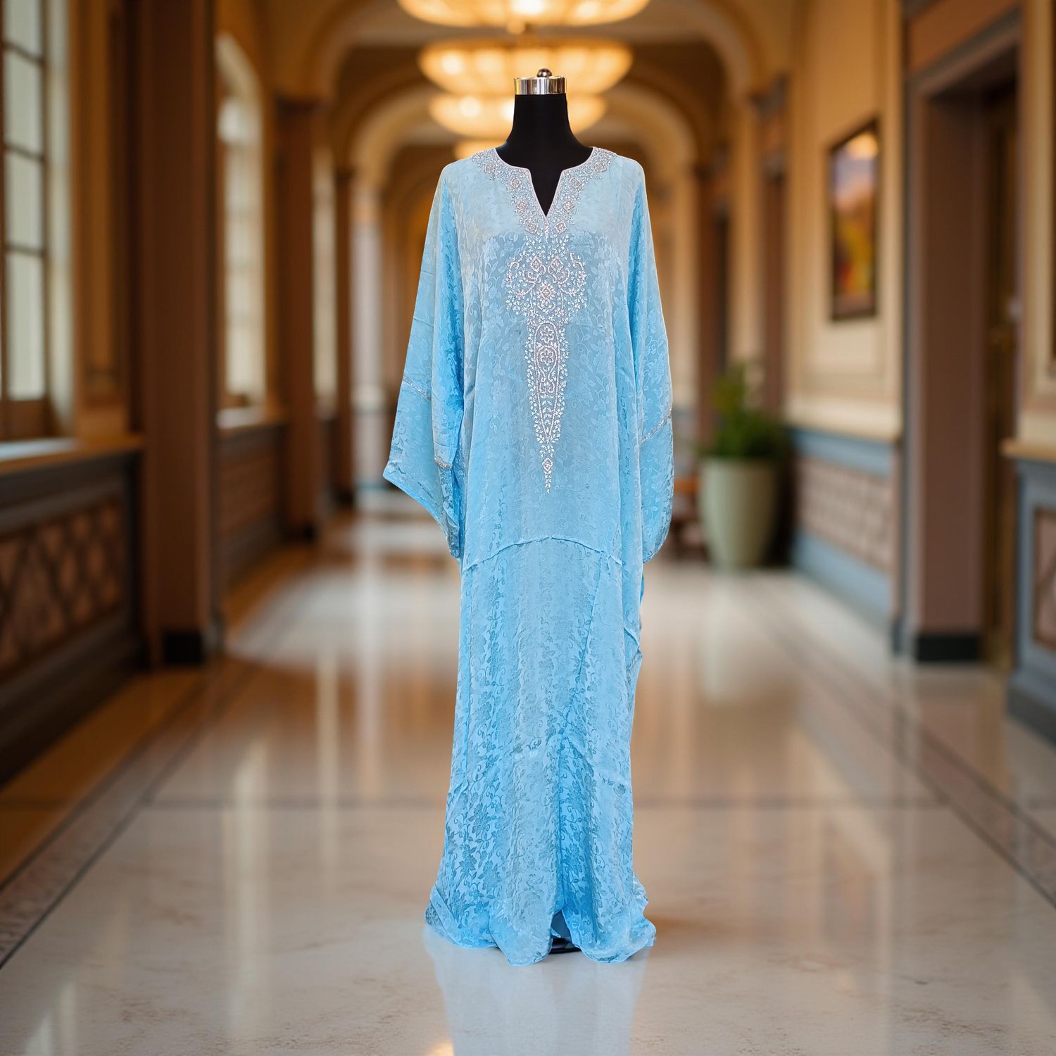 Free Size Silky Farasha Crystal work Kaftan 60" Long Jalabiya