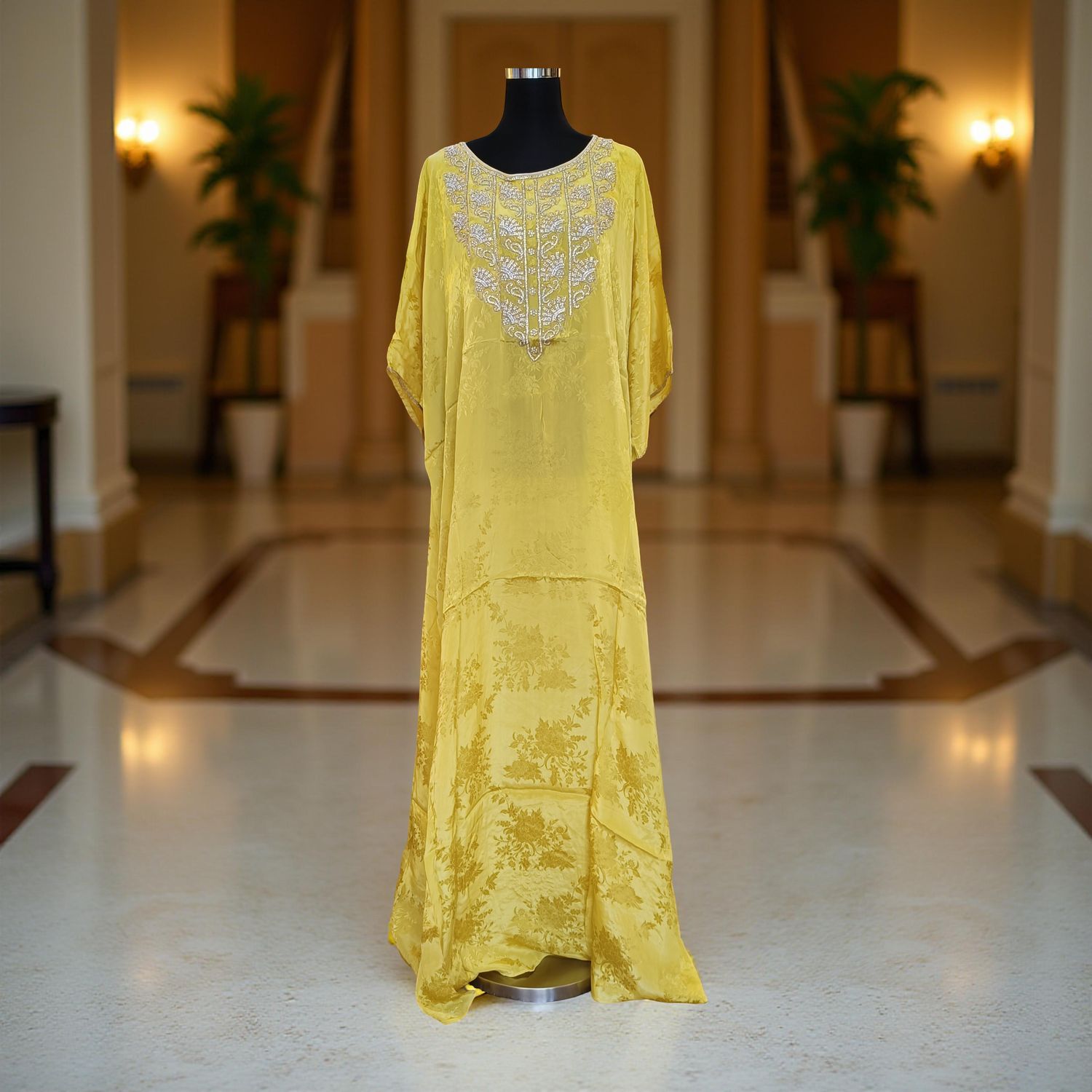 Free Size Silky Farasha Crystal work Kaftan 60" Long Jalabiya