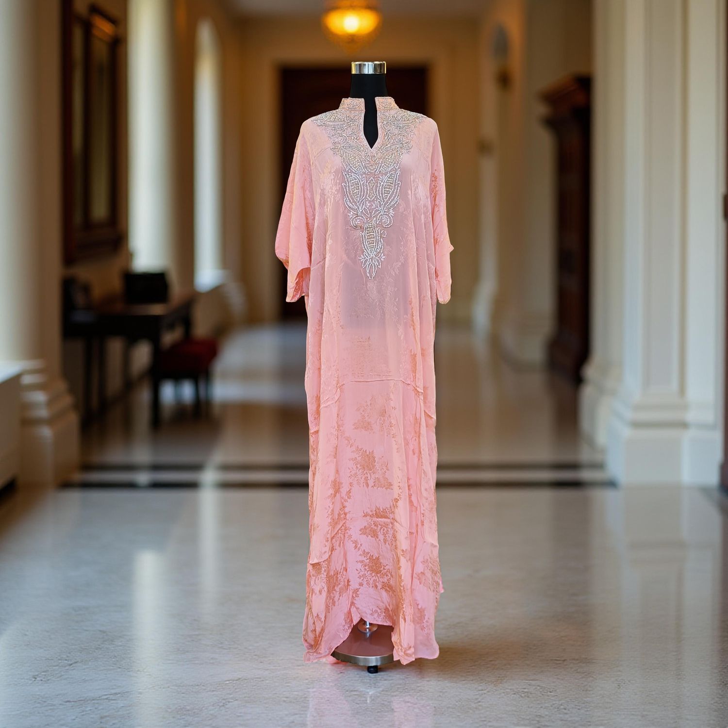 Free Size Silky Farasha Crystal work Kaftan 60" Long Jalabiya