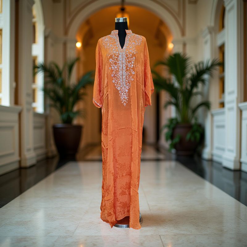 Free Size Silky Farasha Crystal work Kaftan 60" Long Jalabiya