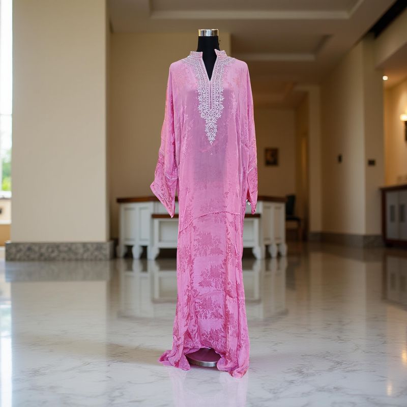 Free Size Silky Farasha Crystal work Kaftan 60" Long Jalabiya