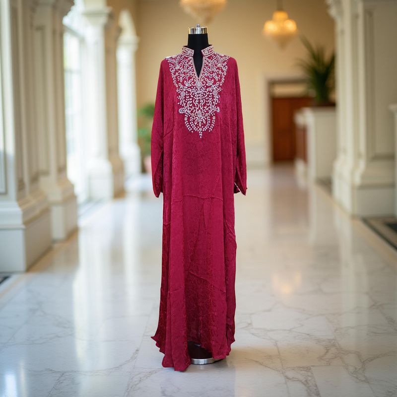 Free Size Silky Farasha Crystal work Kaftan 60" Long Jalabiya