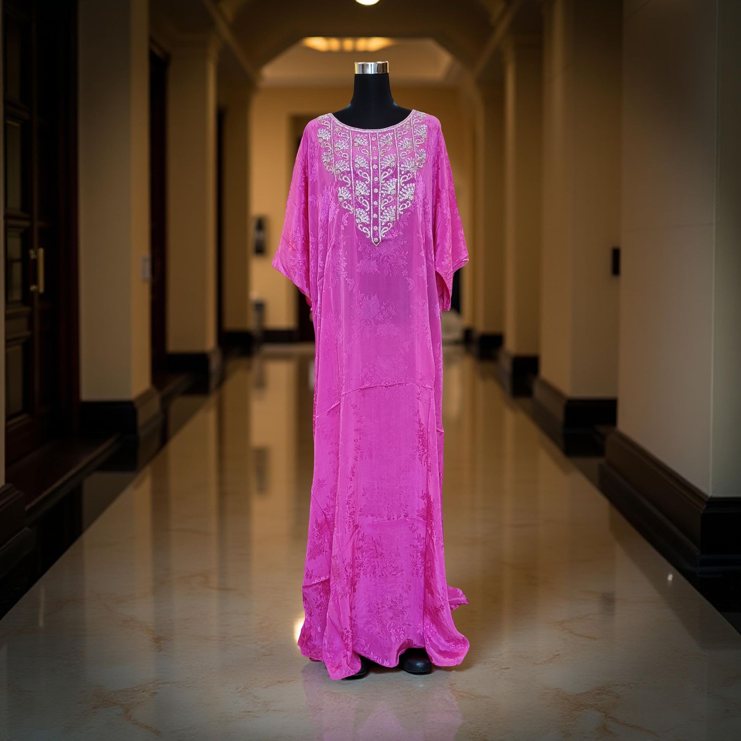 Free Size Silky Farasha Crystal work Kaftan 60" Long Jalabiya