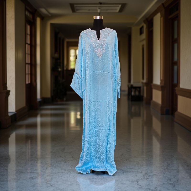 Free Size Silky Farasha Crystal work Kaftan 60" Long Jalabiya