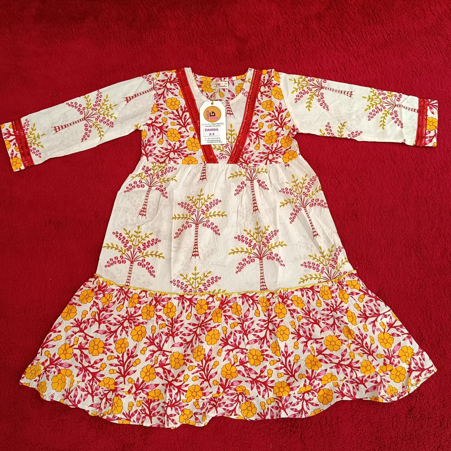 2-3 Year Zahida Red Printed Cotton Girls Dress 30" Long Jalabiya