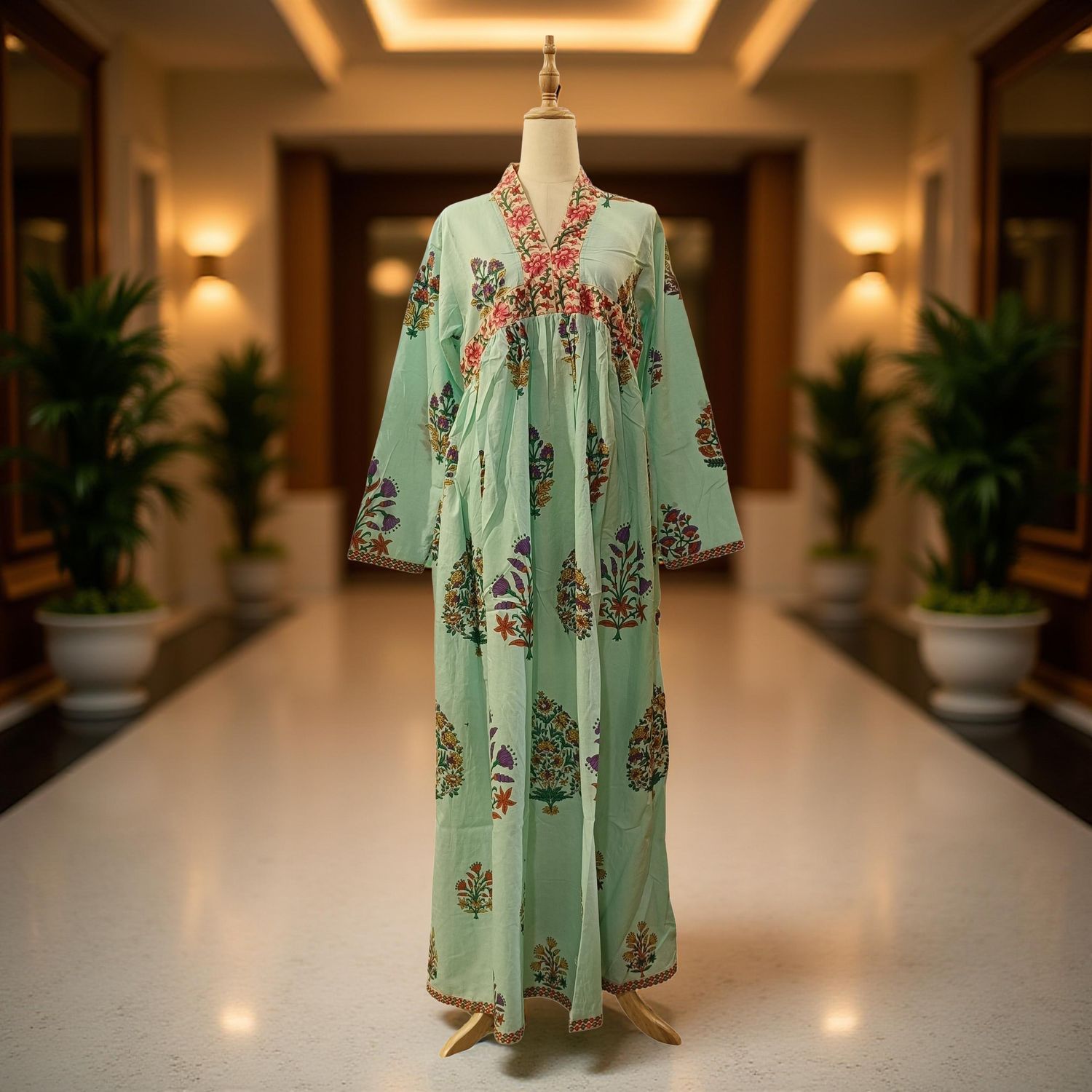 L/XL Nida Printed Cotton Dress 57" Long Jalabiya