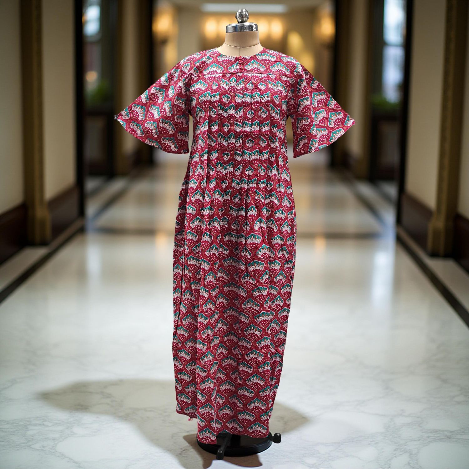 XS/S Nahla Printed Cotton Dress 54" Short Sleeves Jalabiya