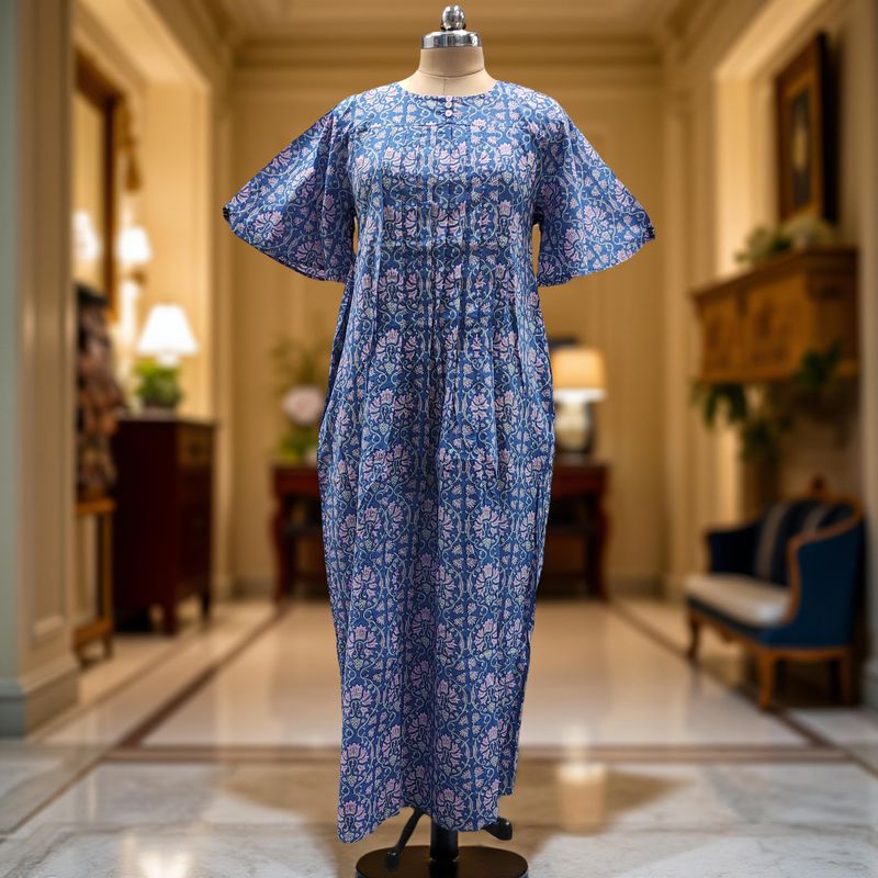 S/M Nahla Printed Cotton Dress 57" Short Sleeves Jalabiya