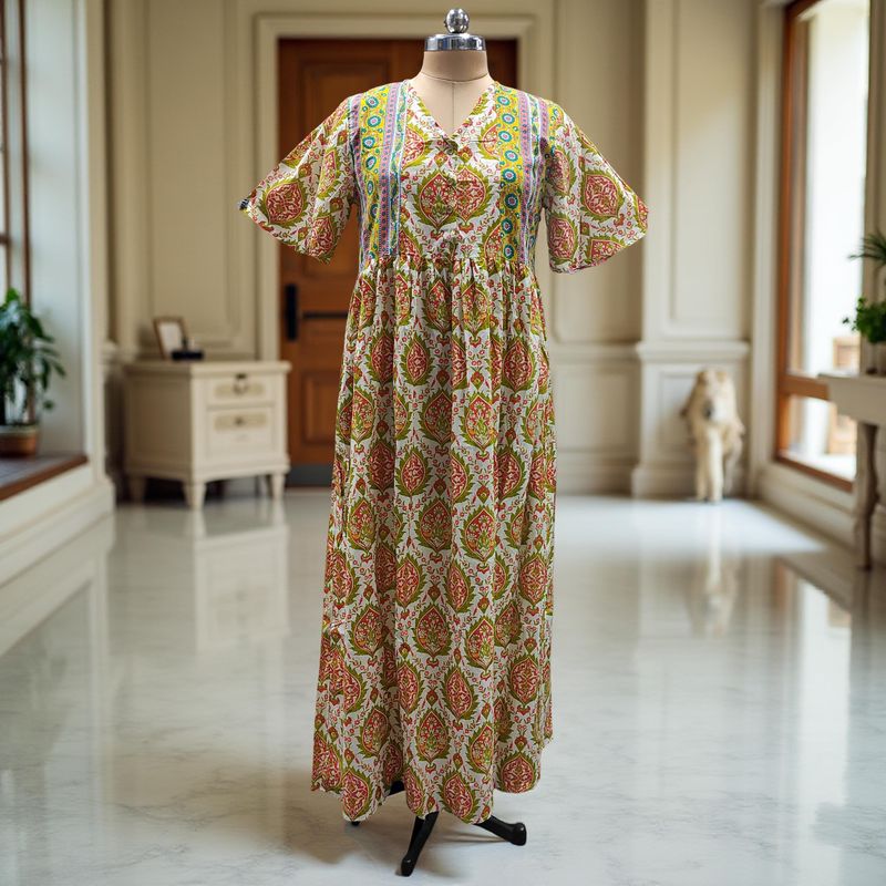 XS/S Rahaf Printed Cotton Dress 54" Long Jalabiya