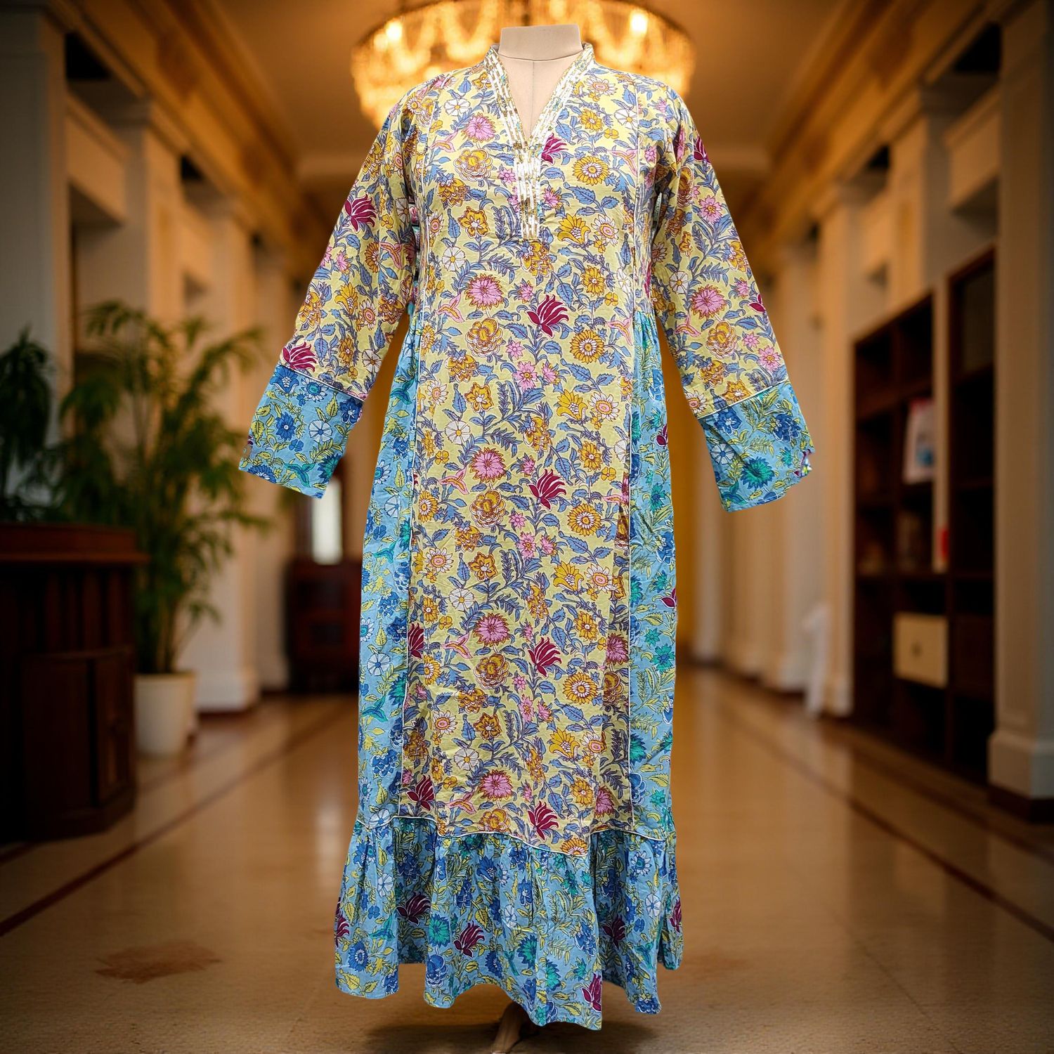 XS/S Safa Printed Cotton Dress 54" Long Jalabiya