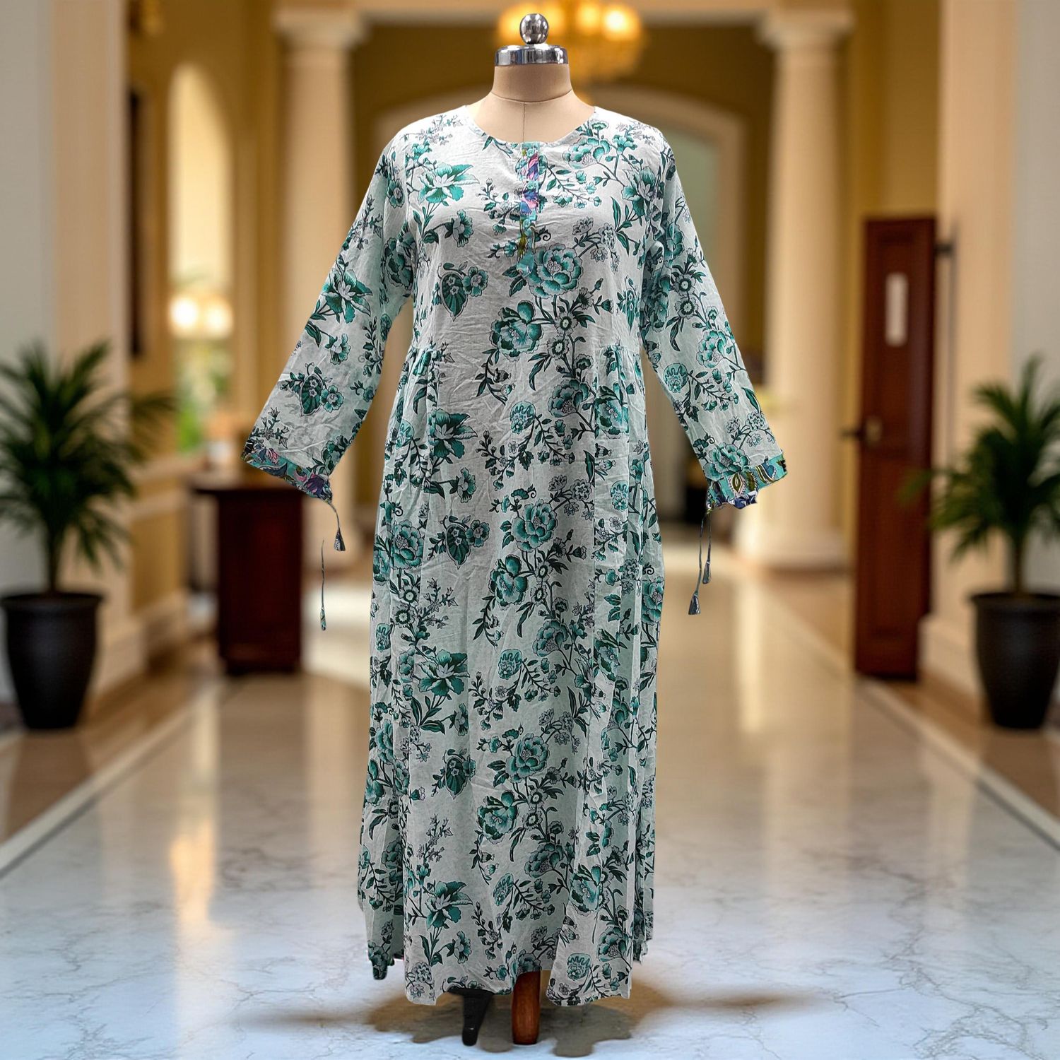 XS/S Jasmine Printed Cotton  Dress 54"Long Jalabiya