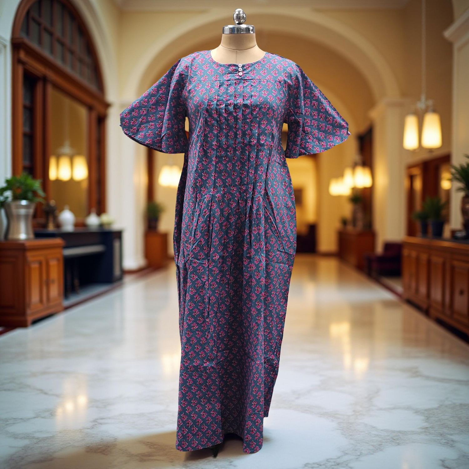 2XL/3XL Nahla Printed Cotton Dress 57" Short Sleeves Jalabiya