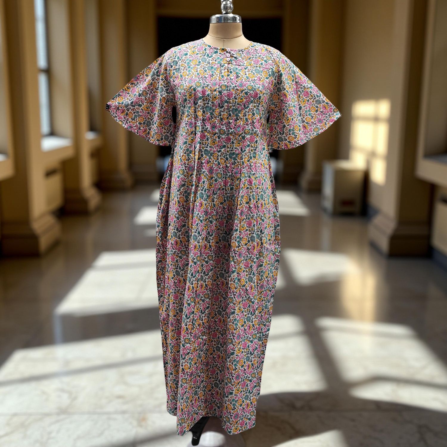 L/XL Nahla Printed Cotton Dress 57" Short Sleeves Jalabiya