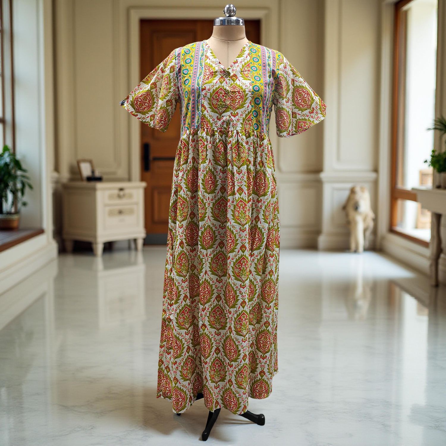 L-XL Rahaf Printed Cotton Dress 57" Long Jalabiya