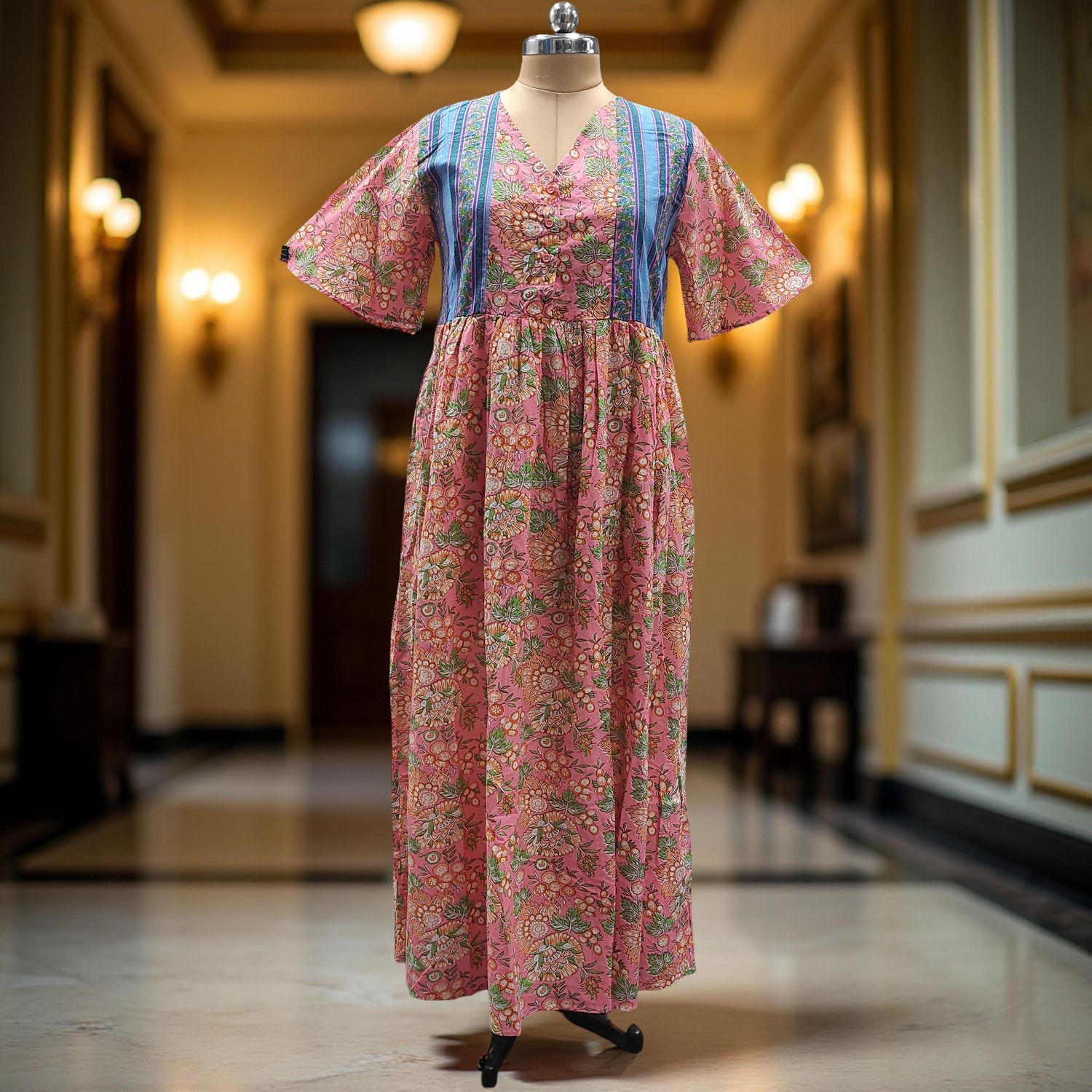 S-M Rahaf Printed Cotton Dress 57" Long Jalabiya