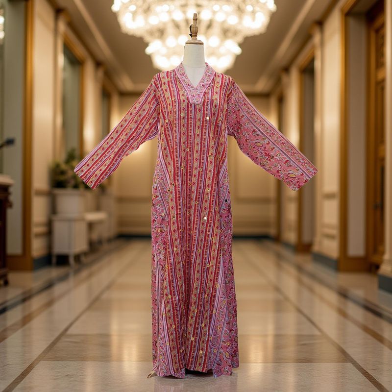 L/XL Teena Printed Mirror Work Cotton Dress 57" Long Jalabiya