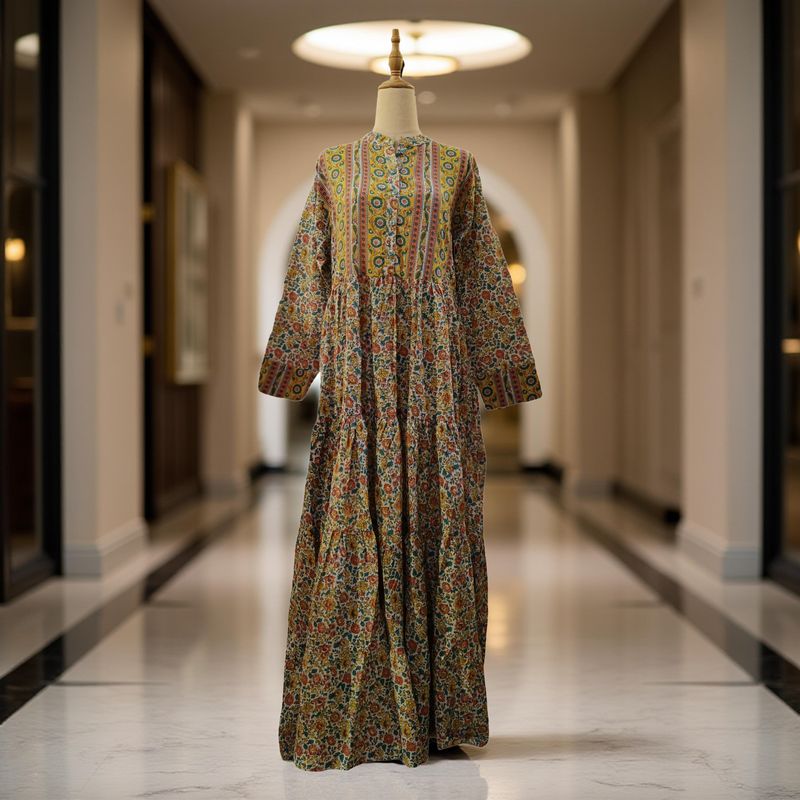 S/M  Safia Printed Cotton Dress 57" Long Jalabiya