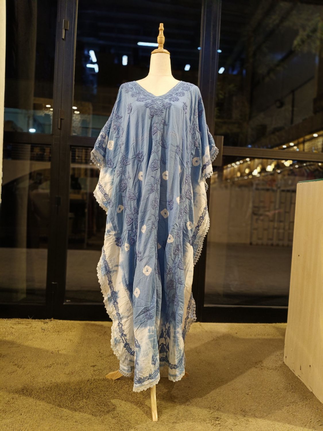 Free Size Farasha Embroidery Kaftan Cotton Dress 57" Long