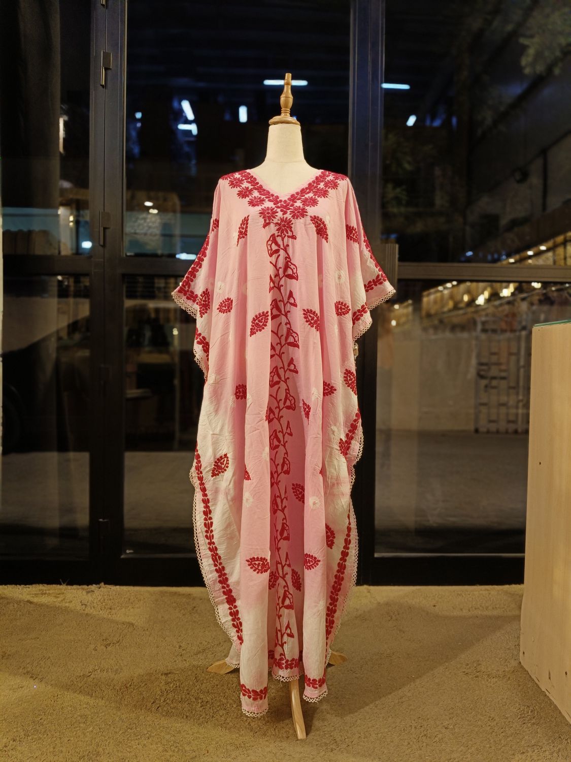 Free Size Farasha Embroidery Kaftan Cotton Dress 57" Long