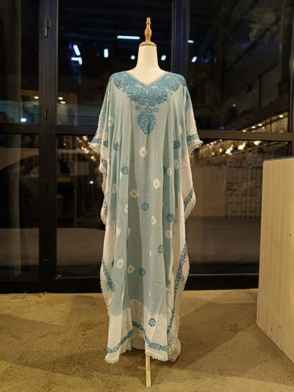 Free Size Farasha Embroidery Kaftan Cotton Dress 57" Long