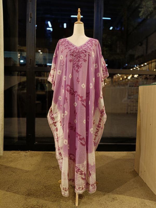 Free Size Farasha Embroidery Kaftan Cotton Dress 57" Long