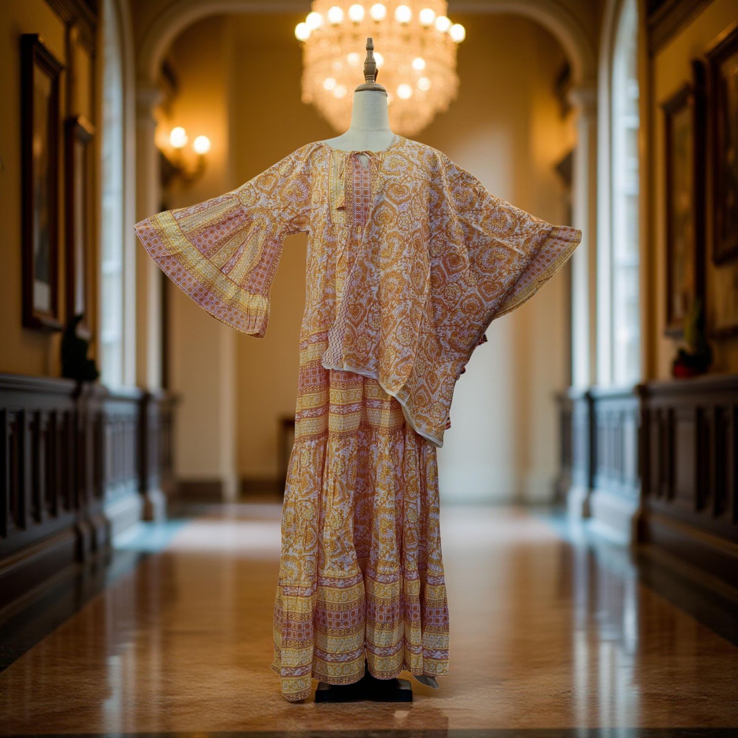 S/M  Gaby Yellow With Sheila Printed Cotton Dress 57" Long Jalabiya