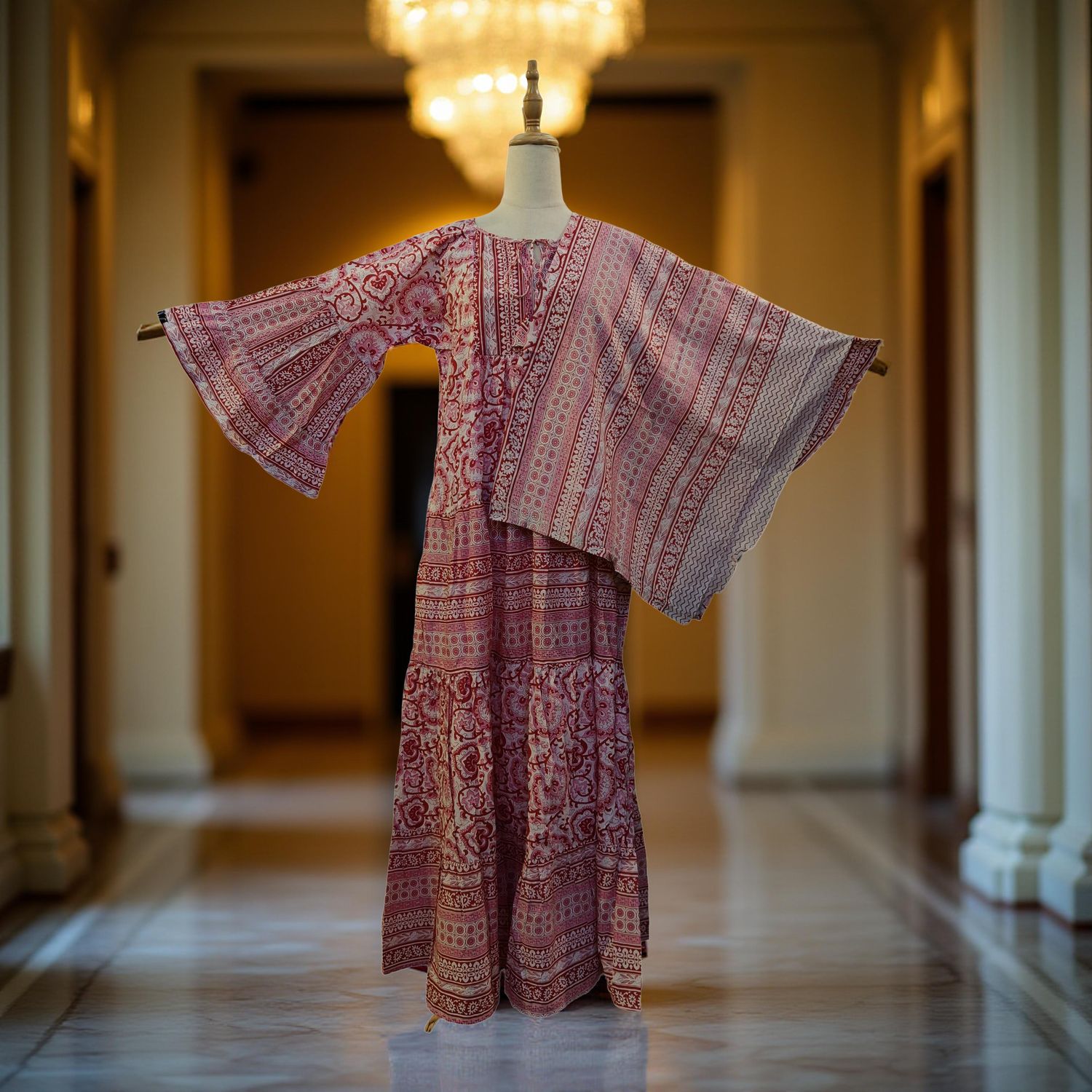 S/M  Gaby Red With Sheila Printed Cotton Dress 57" Long Jalabiya