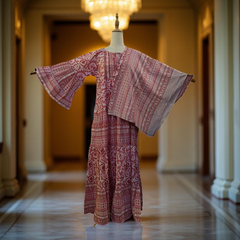 L/XL  Red Gaby With Sheila Printed Cotton Dress 57" Long Jalabiya