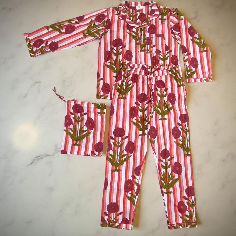 S-M Cotton Full Sleeves Pajamas Set