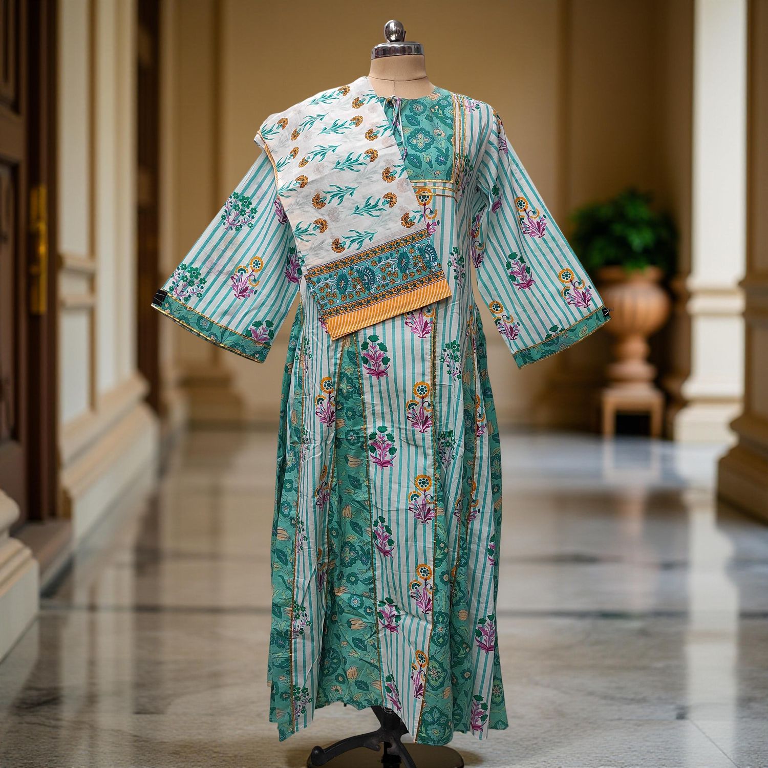 L-XL Anaya Printed Cotton Dress 57" Long Jalabiya With Sheila