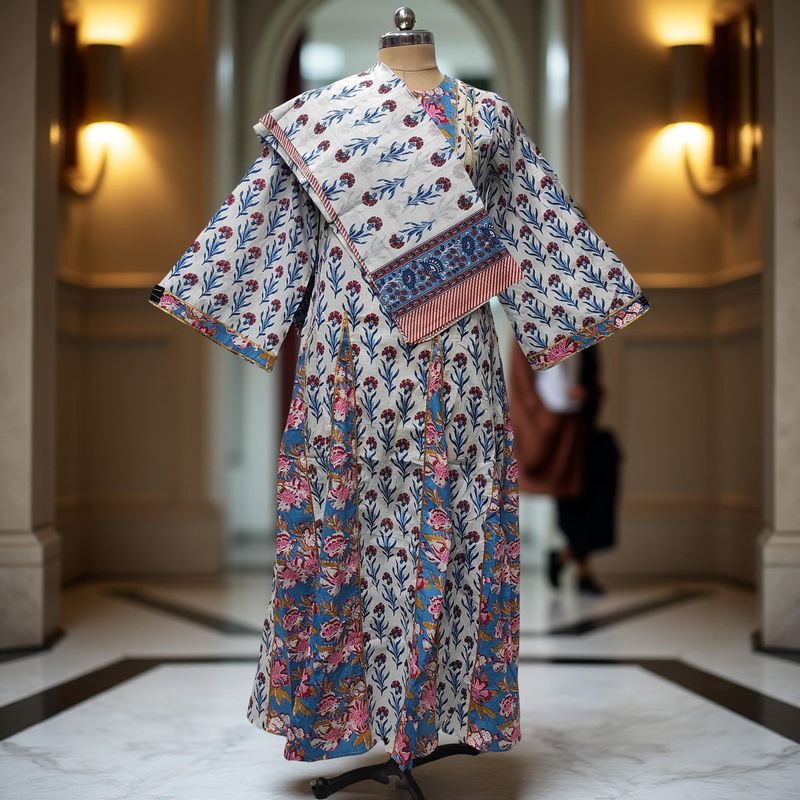 2XL-3XL Anaya Printed Cotton Dress 57" Long Jalabiya With Sheila