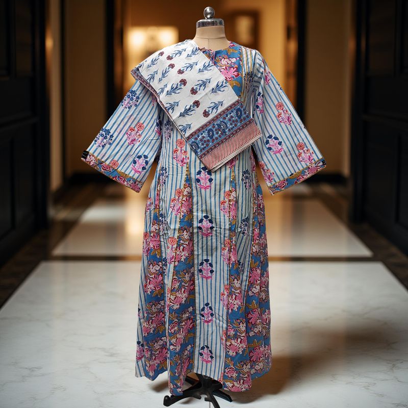 L-XL Anaya Printed Cotton Dress 57" Long Jalabiya With Sheila