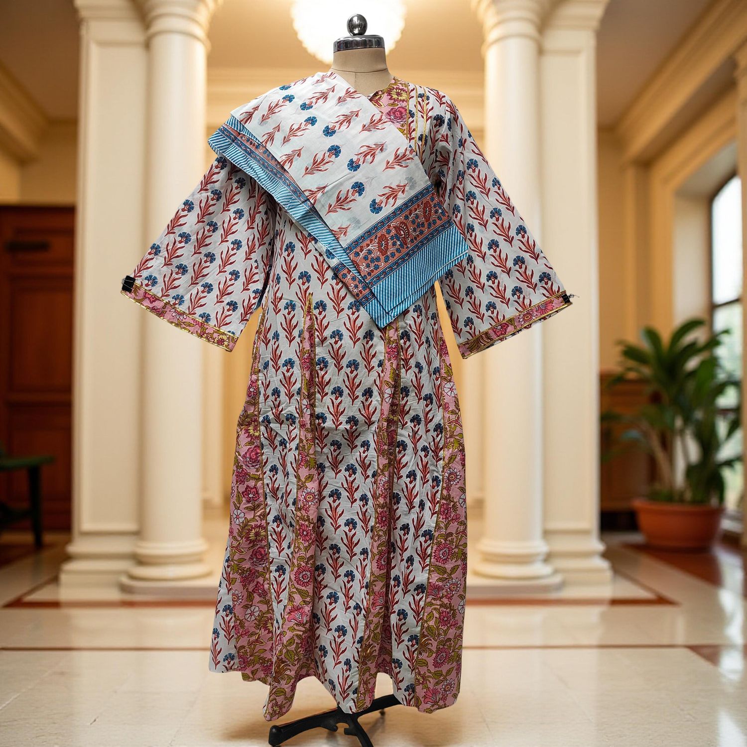 S-M Anaya Printed Cotton Dress 57" Long Jalabiya With Sheila