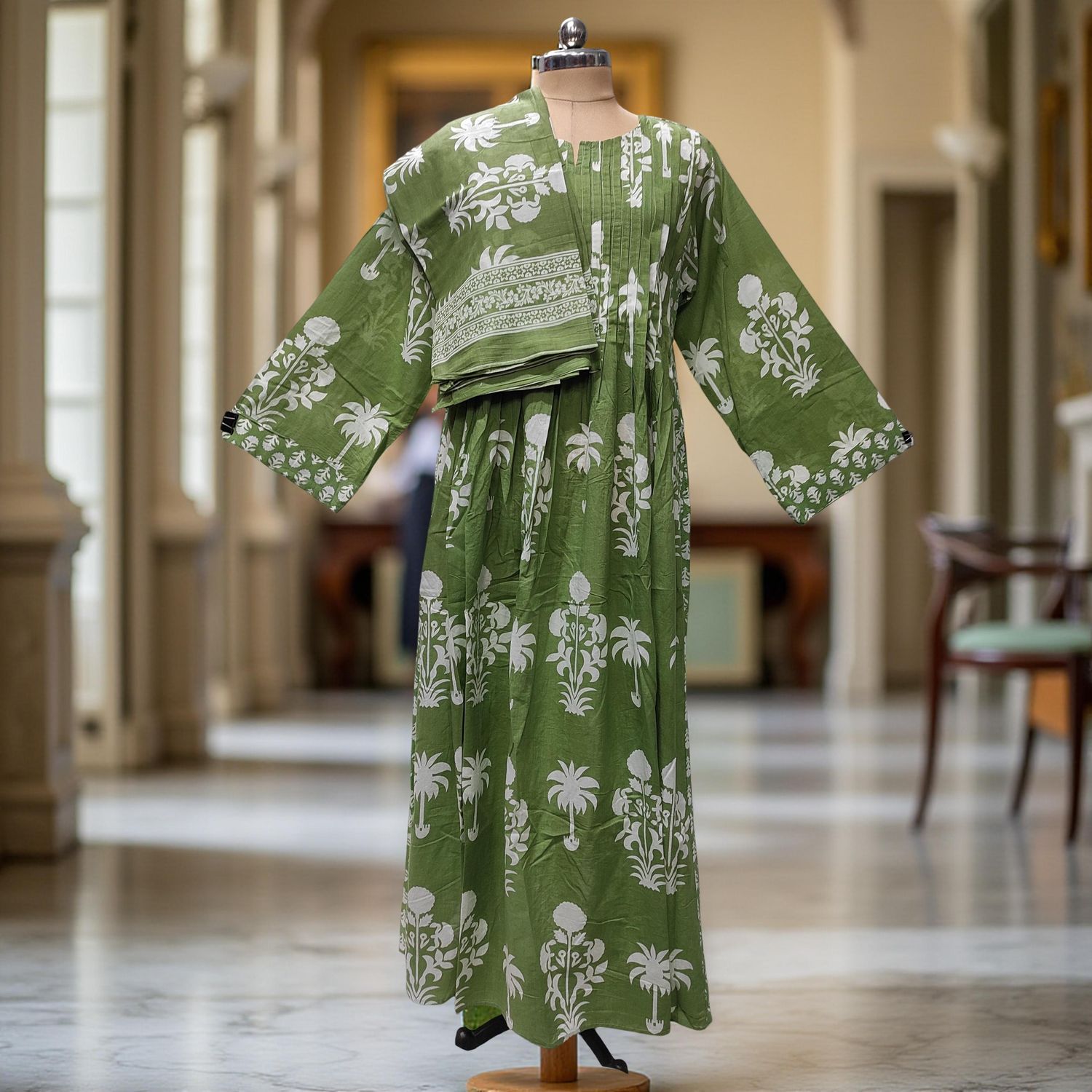 2XL-3XL Aaron Printed Cotton Dress 57" Long Jalabiya With Sheila