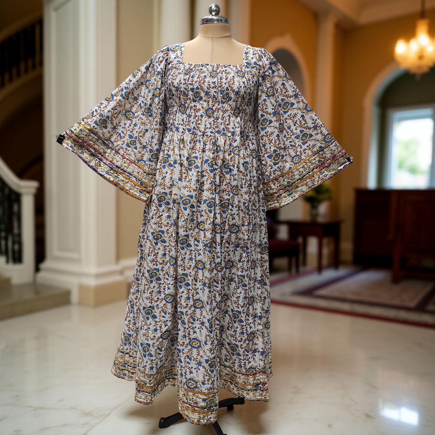 S/M Elzina Printed Cotton Dress 57" Long Jalabiya