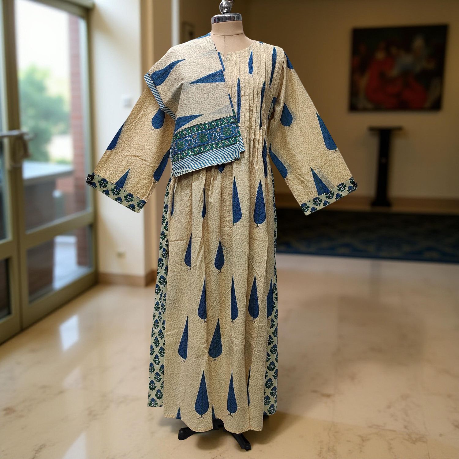 2XL-3XL Aaron Printed Cotton Dress 57" Long Jalabiya With Sheila