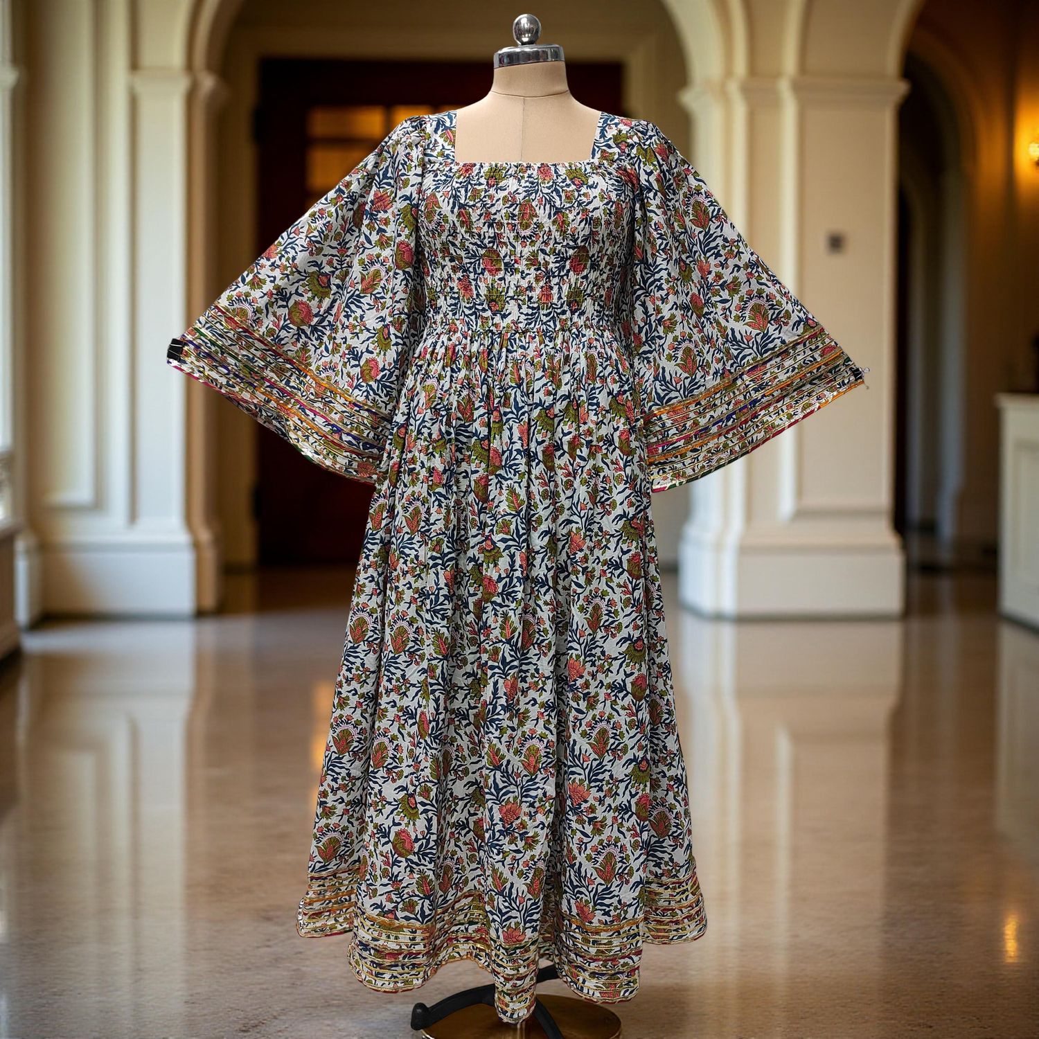 S/M Elzina Printed Cotton Dress 57" Long Jalabiya