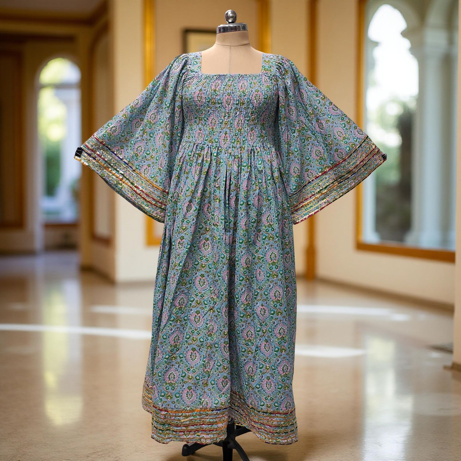 L/XL Elzina Printed Cotton Dress 57" Long Jalabiya