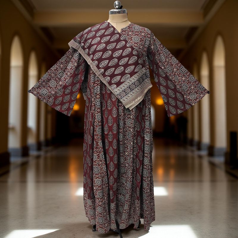 XS/S Zahia Printed Cotton Dress 54" Long Jalabiya With Sheila