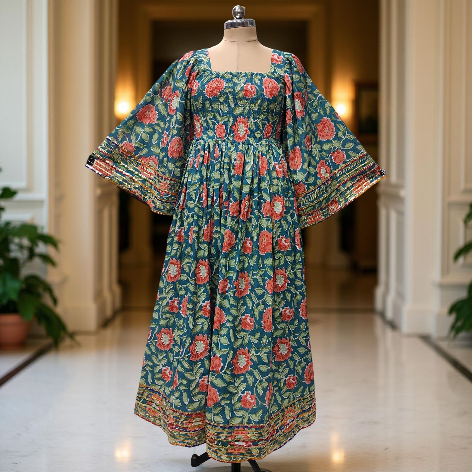 2XL/3XL Elzina Printed Cotton Dress 57" Long Jalabiya