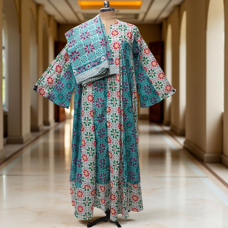 L-XL Zahia Printed Cotton Dress 57" Long Jalabiya With Sheila