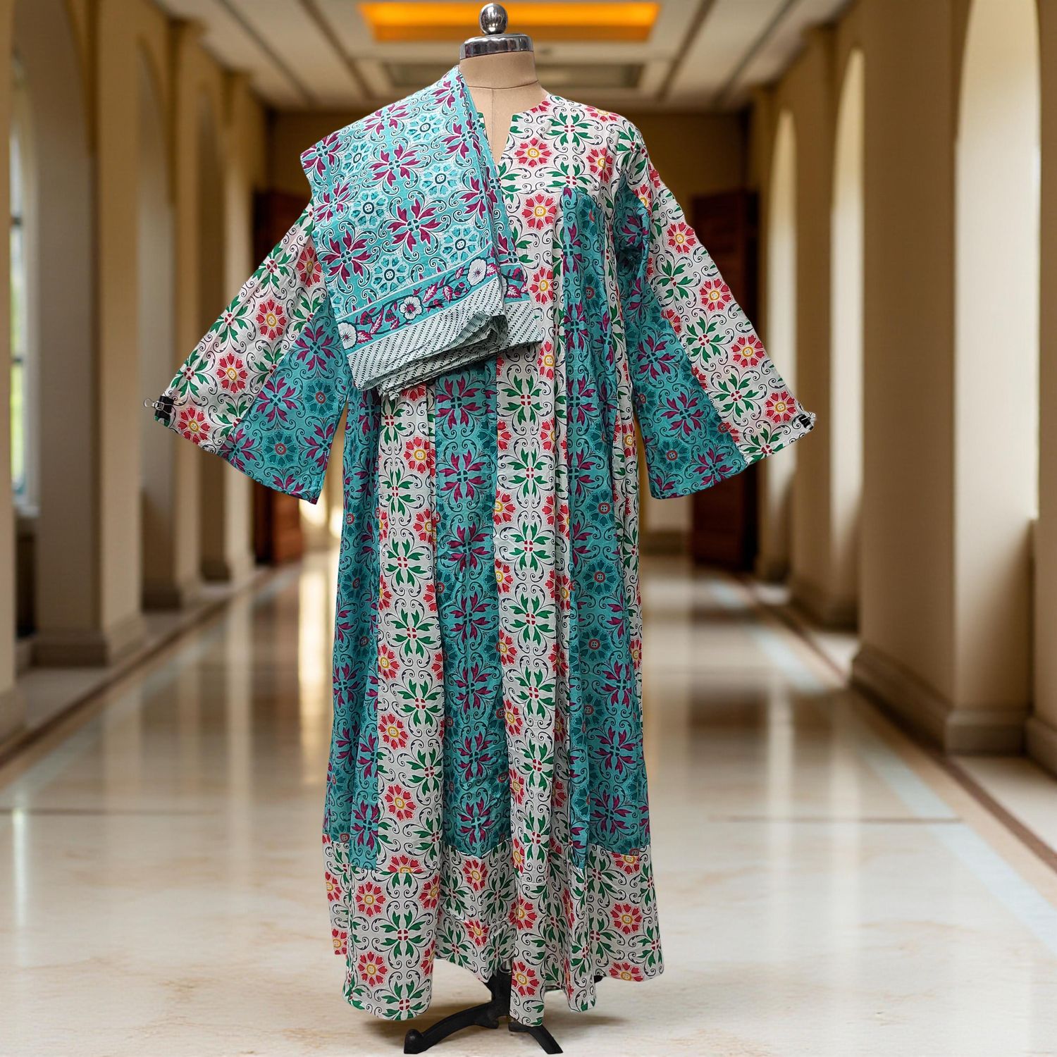 2XL-3XL Zahia Printed Cotton Dress 57" Long Jalabiya With Sheila